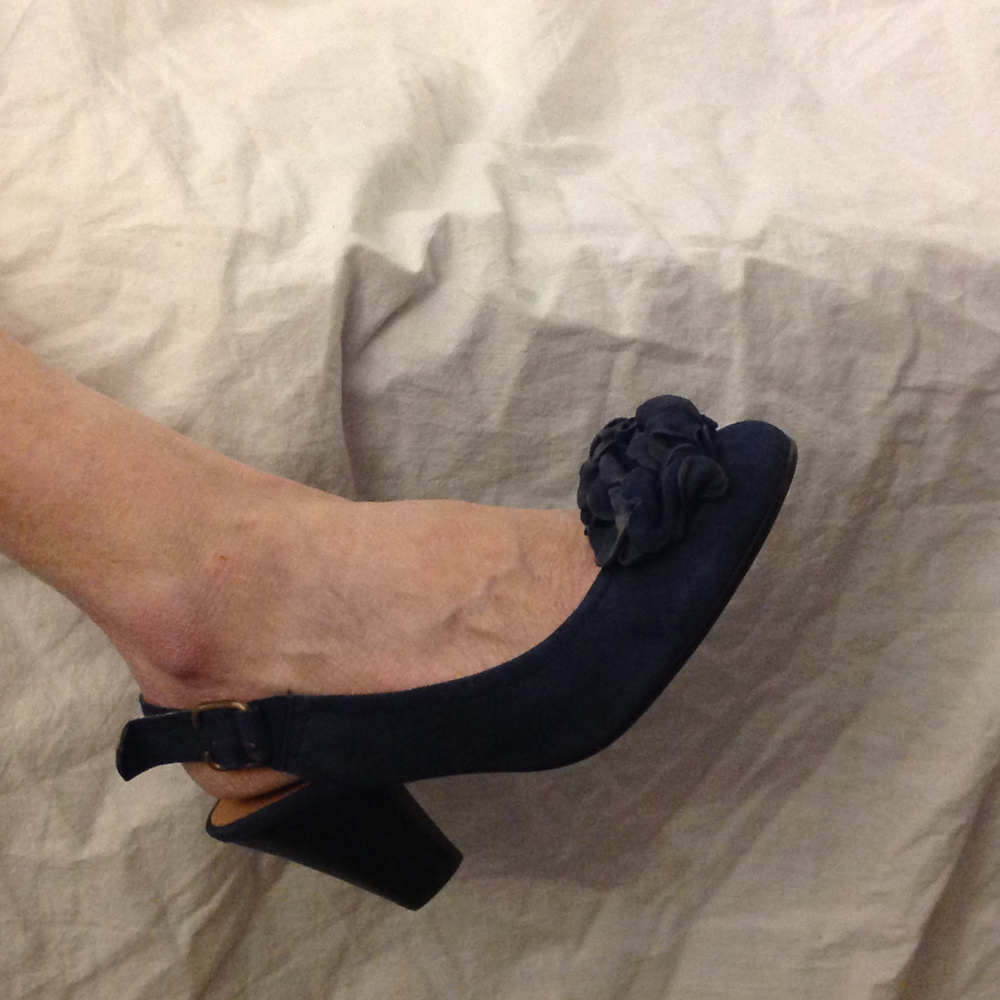 Blue Suede sling-back shoes w/ flower, from Spain